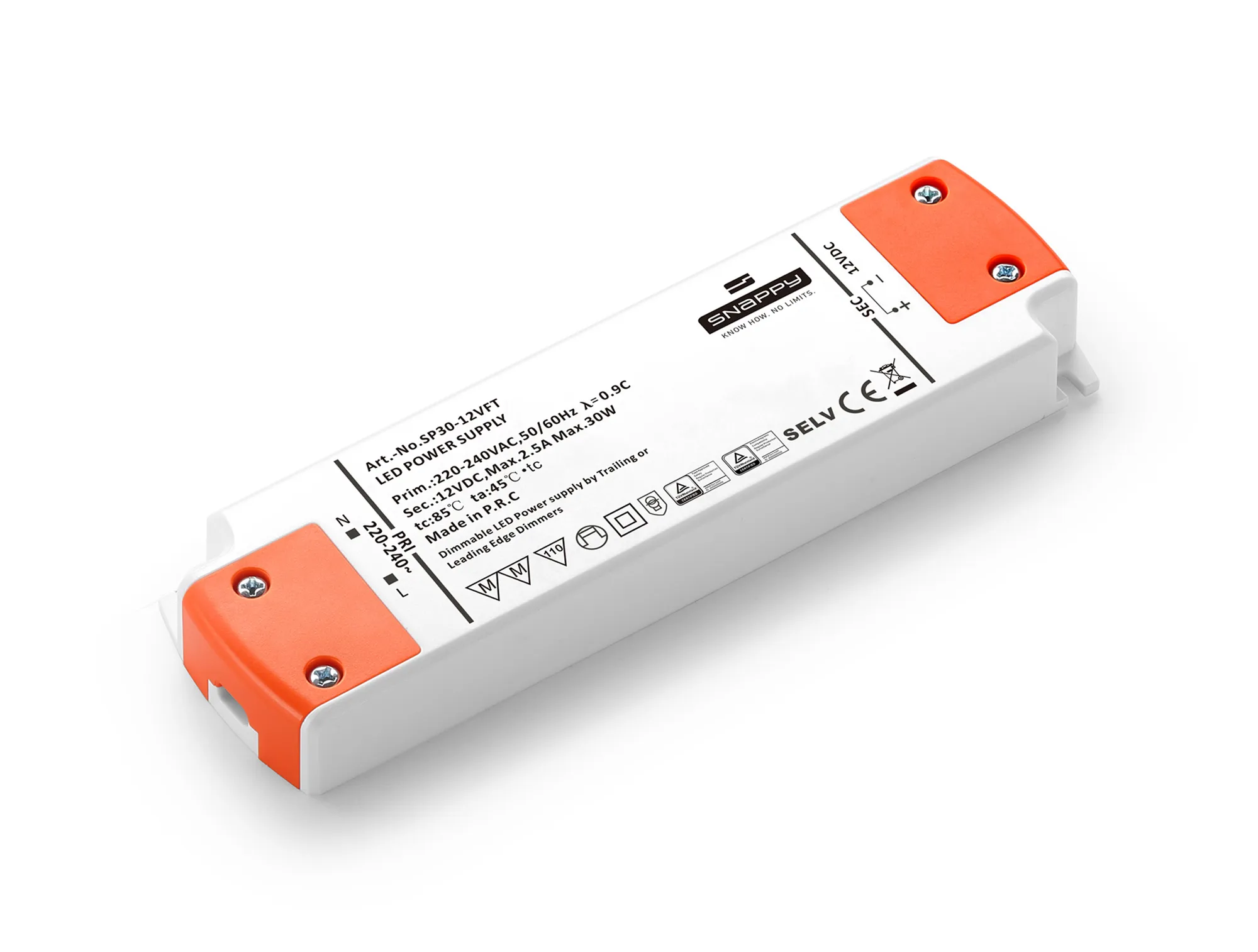 SP30-12VFT  30W Constant Voltage Triac-Dimmable LED Driver 24VDC  0.5- 2.5A  IP20.